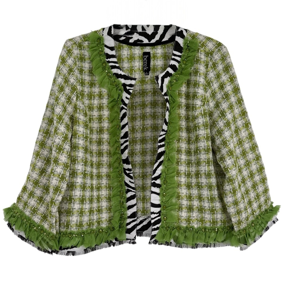 Berek Artsy Jacket Size L Zebra Trim Lime Green Tweed Blazer Beaded Fringe